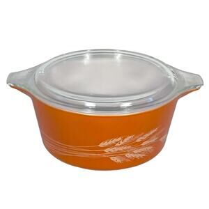 Pyrex Autumn Harvest Wheat Orange 474-B 1.5L Vintage Cinderella Casserole w/Lid